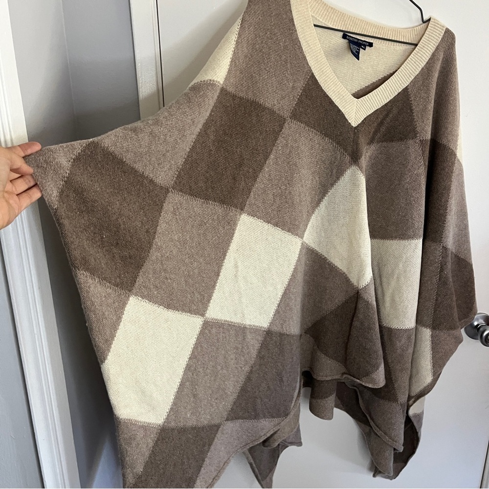 Boston Proper Cream Lambswool Plaid Preppy Relaxed Knit V Neck Poncho Sweater - Picture 2 of 7